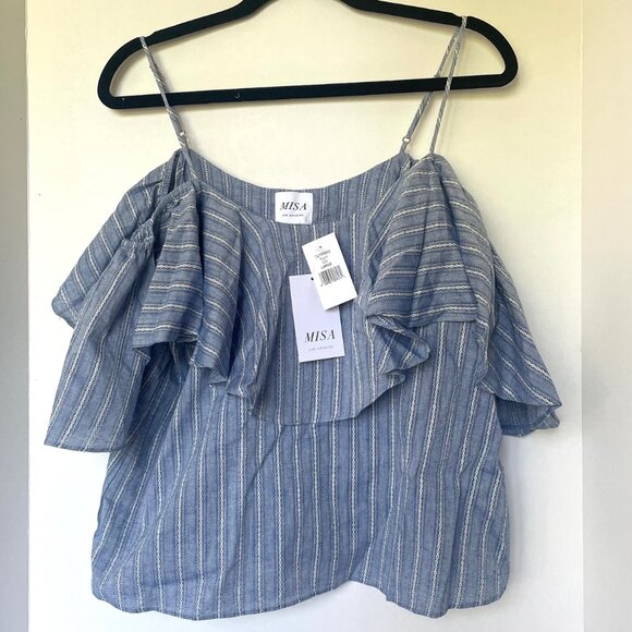 MISA Los Angeles Marina Top Womens L Blue Stripe Cotton Ruffle Cold Shoulder - Picture 3 of 9